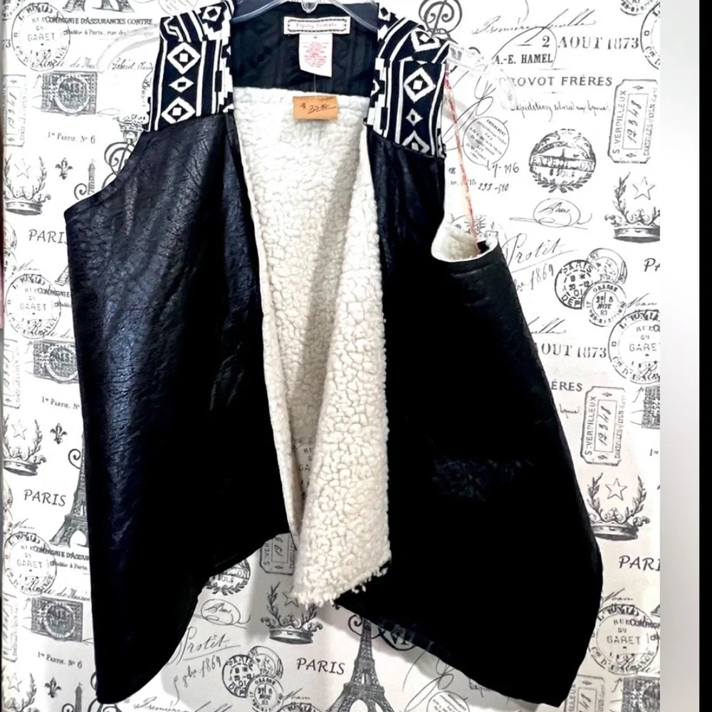 Flying Tomato Faux Leather Sherpa Lined Boho Drape Vest Aztec Trim Size M